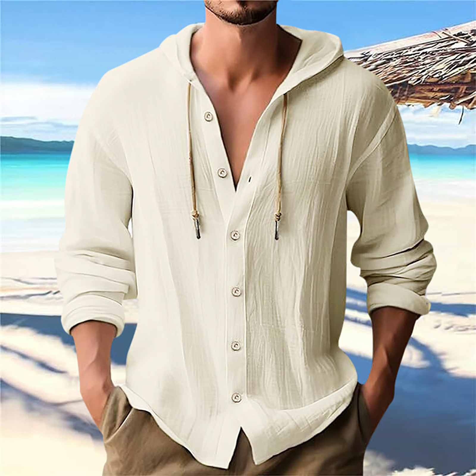 thumbnail image 4 of Camisa de lino con botones y capucha para hombre: manga larga, lengüetas para remangar, botones de madera, ropa de playa/casual, tallas S-XXXL, 4 of 8